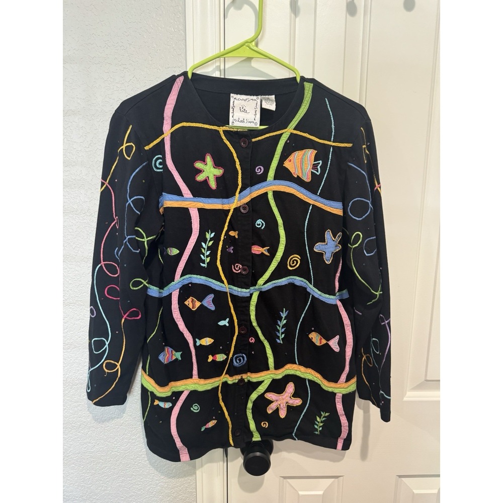 Michael Simon Lite Cardigan Jacket Cotton Fish Beach Embroidered VTG Small